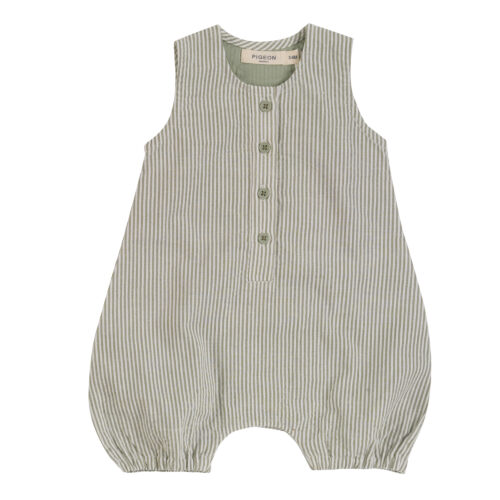 baby all in one seersucker stripe green by Pigeon organics SS2024