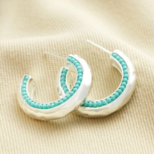 teal stone hammered hoop earrings silver by lisa angel